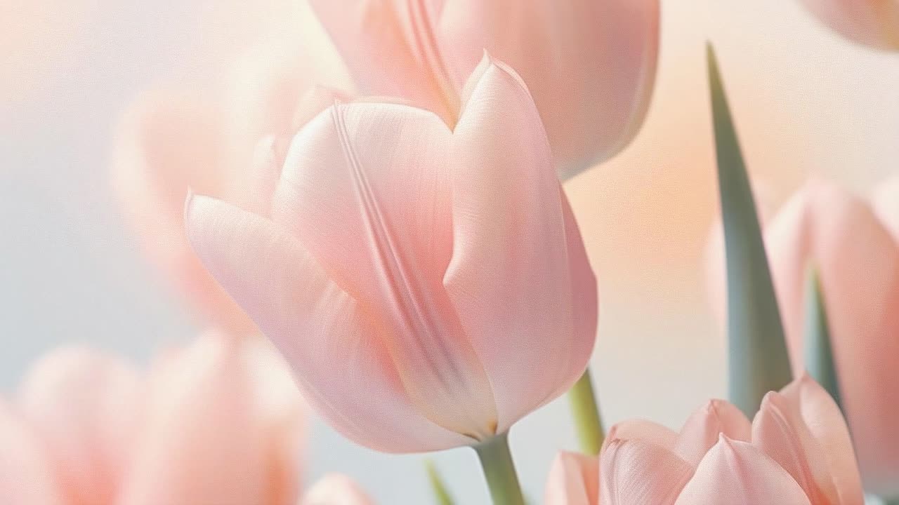 Soft-focus close-up of pink tulips with a dreamy, pastel background, captured from a low angle