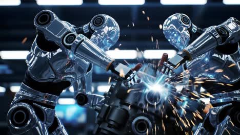 advanced robotics collaboration: two highly-equipped androids engage in precision engineering tasks with a focus on electrical manipulation in a futuristic setting