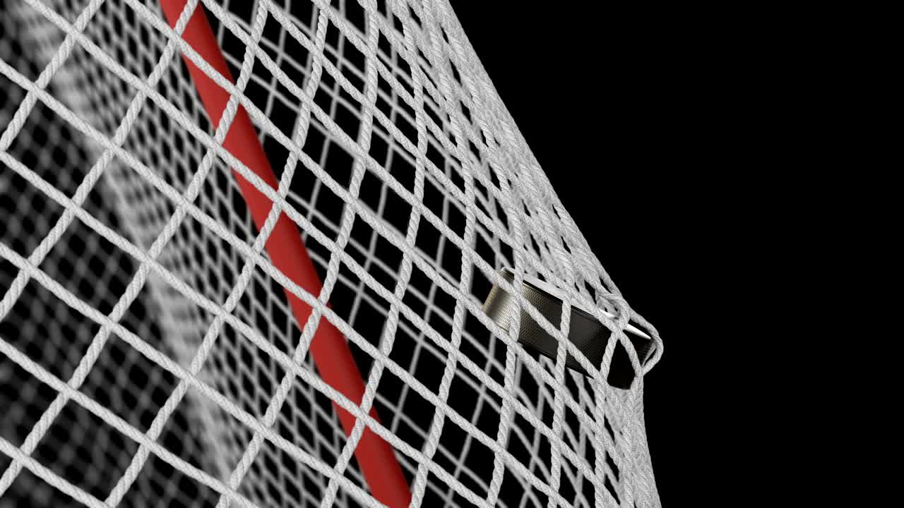 Hockey Puck Flies into Gates Net in Slow-Motion on Black Background with Green Screen. Close-up Goal Moment. Beautiful 3d animation with Alpha Matte. Sport Concept.
