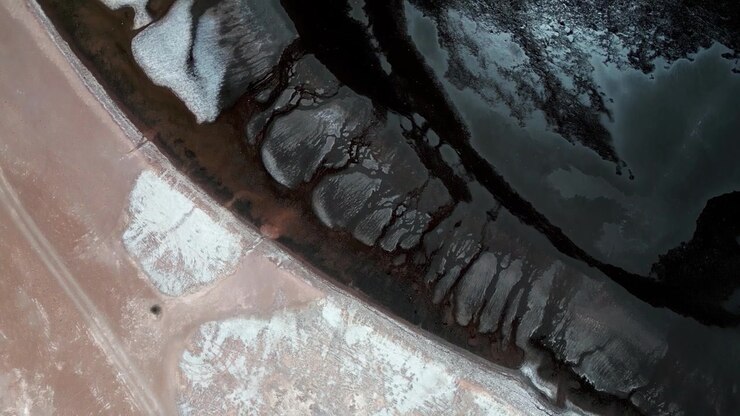 Top down aerial view of Laguna Tara dark water shoreline with abstract white salt crust patterns and sandy sediment creating dramatic natural contrast. Laguna Tara, San Pedro de Atacama, Chile