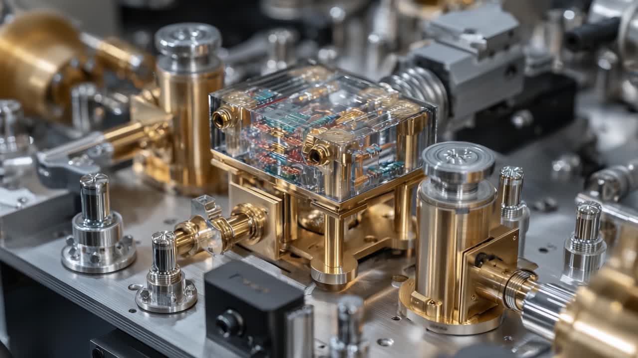 Intricate Machinery Focused on a Transparent Component with Complex Circuits and Metallic Structure Showcasing Advanced Engineering and Precision Design