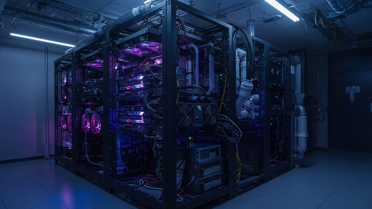 Advanced Data Center Framework Showcasing High-Tech Server Equipment Bathed in Futuristic Neon Lighting for Enhanced Computational Efficiency