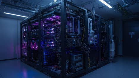 advanced data center framework showcasing high-tech server equipment bathed in futuristic neon lighting for enhanced computational efficiency