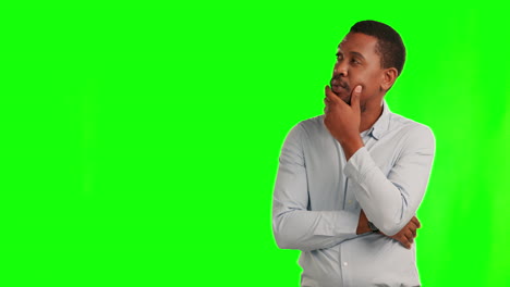 Ideas, black man and thinking on green screen
