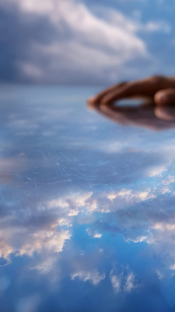 A serene reflection in a tranquil setting, featuring a soft hand resting on a smooth surface that mirrors the peaceful clouds above, evoking a sense of calmness and connection with nature's beauty