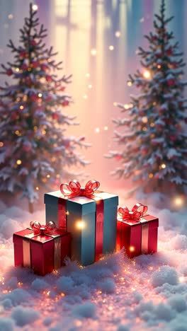 christmas gifts under snowy christmas trees