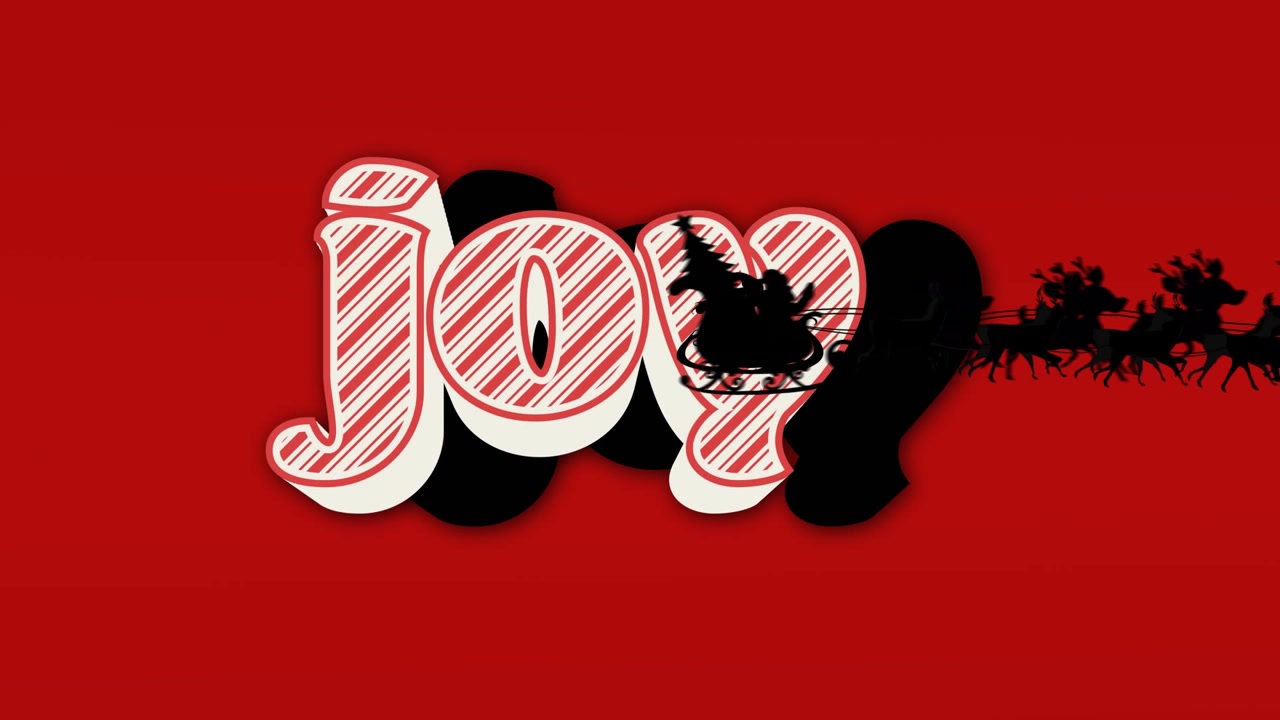 Animation af julemanden i kane med rensdyr over månen og rød baggrund