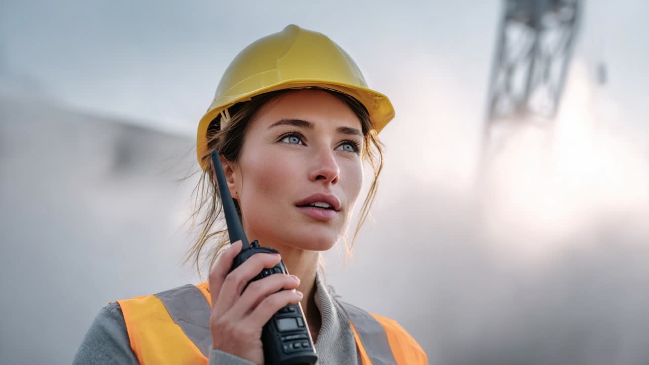 Confident Construction Worker Communicating with Walkie-Talkie on a Job Site Surrounded by Fog and Machinery, Representing Dedication and Professionalism