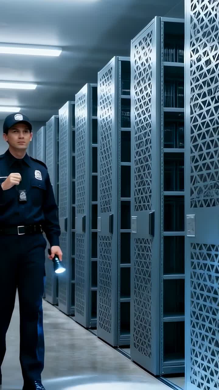 Vertical video: Entering guard in uniform walking server row checking racks with torch, copy space