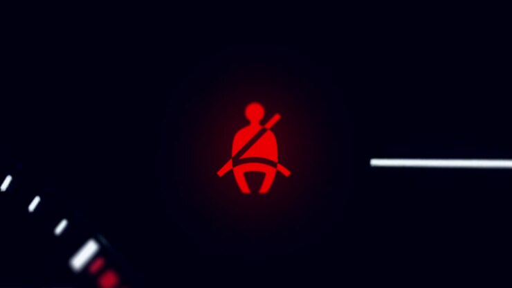 L'icona della cintura di sicurezza lampeggia sul cruscotto di un veicolo.