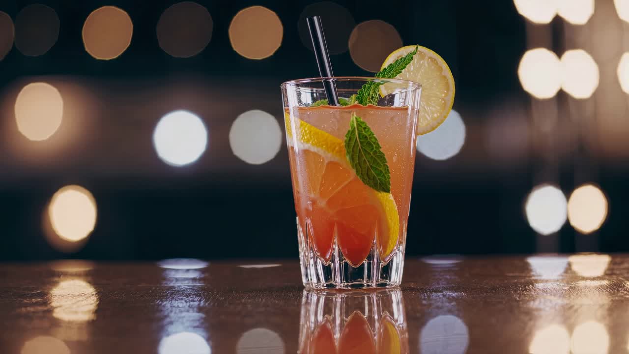 Video af en cocktail i nærbillede på en bardisk med en bokeh-baggrund