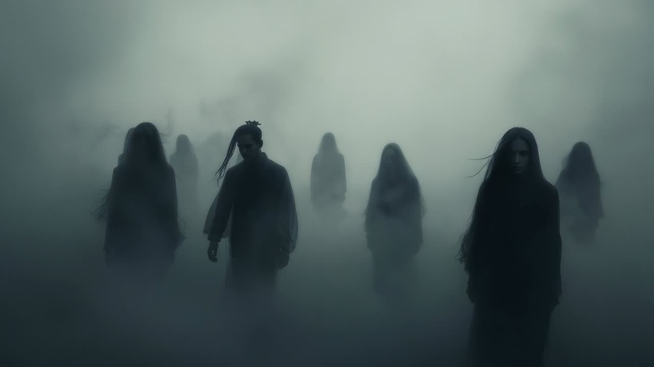 Thickening fog driving shadowy group of six advancing across mist-shrouded plain, with dark cloaks