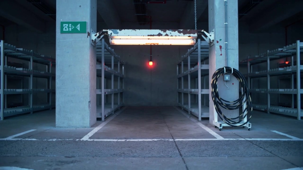 Lighting overhead fluorescent tube revealing central bay between pillars, showing red lamp