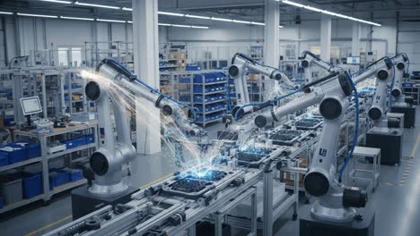 advanced industrial automation: robotic arms collaborating in a modern manufacturing facility for enhanced efficiency and precision production line operations
