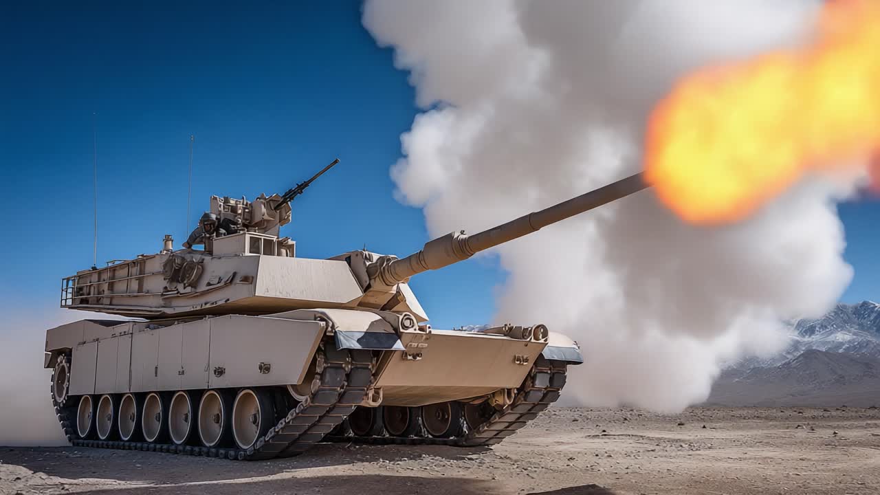 Güçlü bir tank, engebeli dağların arka planında gelişmiş silahları ve askeri gücü sergileyerek bir çöl manzarasının ortasında ateş gücünü kullanıyor.