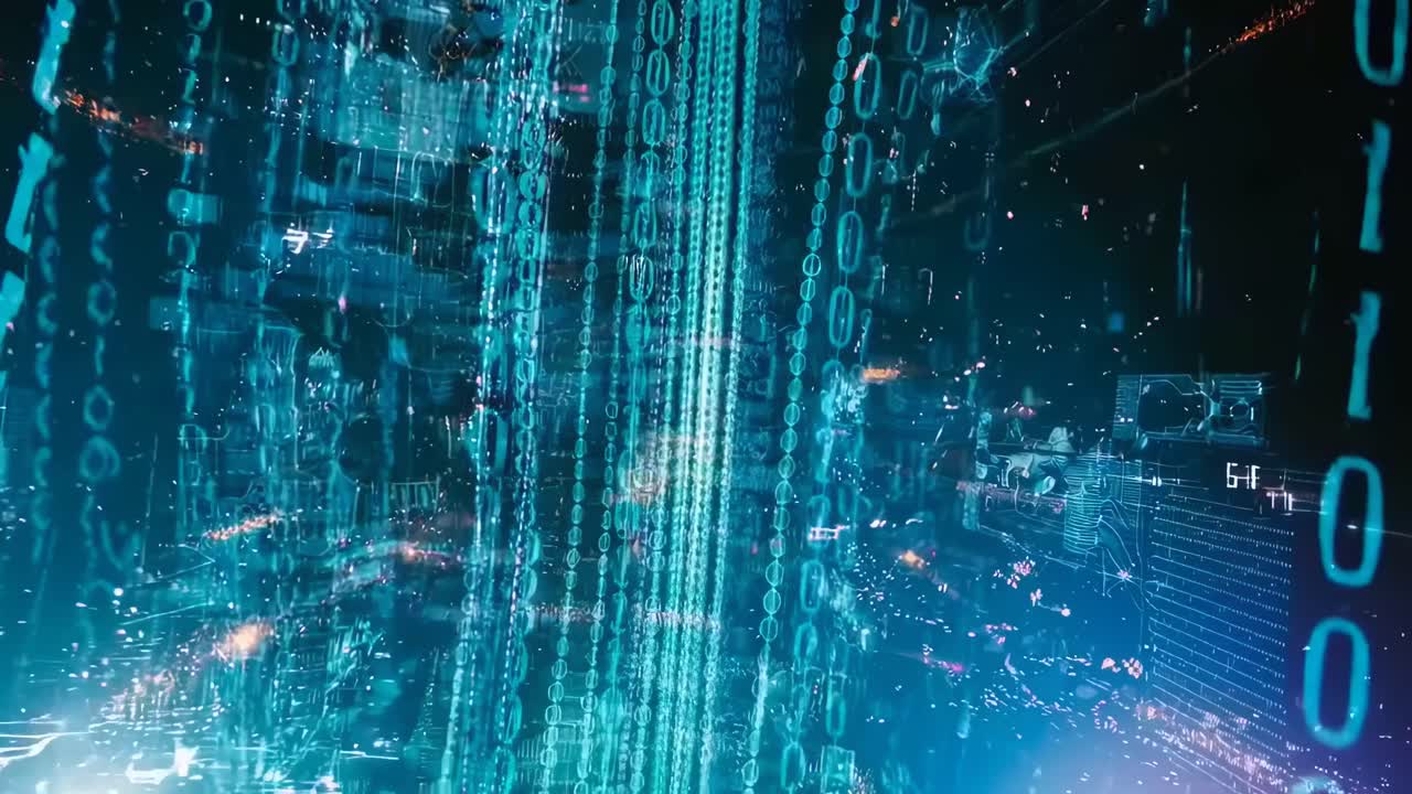 Futuristic video with a top-down angle, showcasing digital data streams and binary code