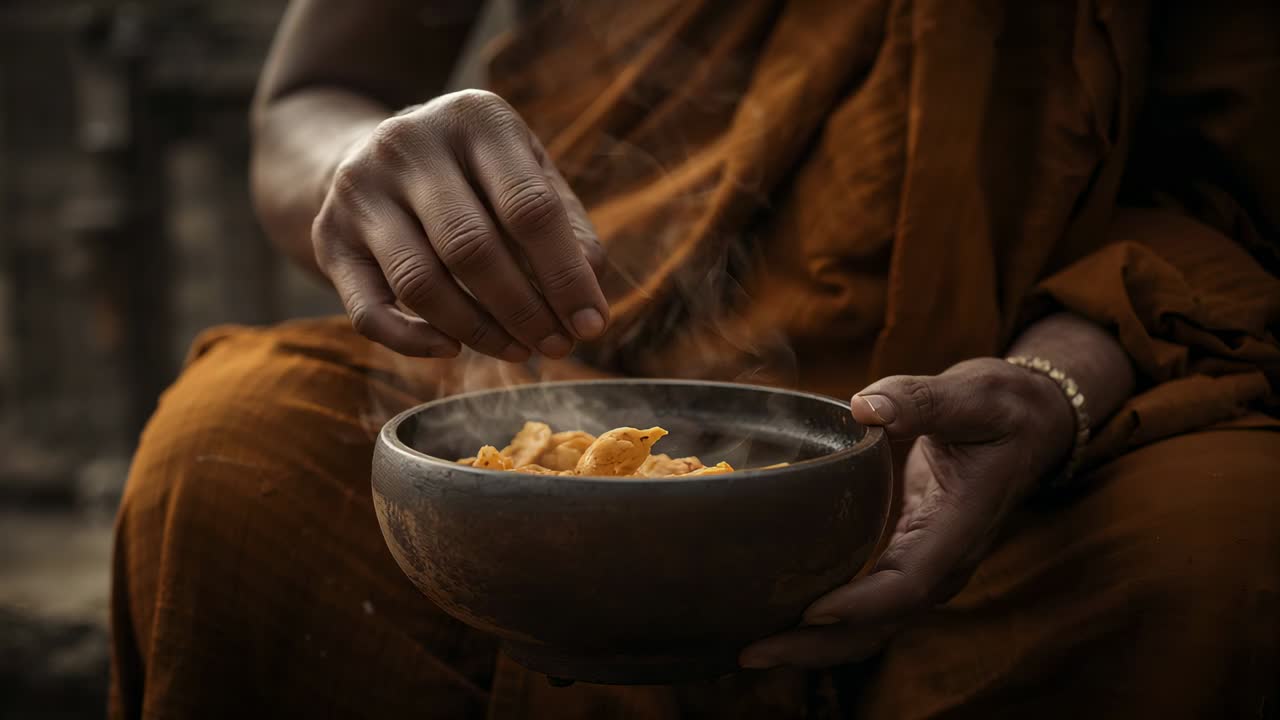Plate arriving saffron-robed man holding bowl on steps taking hot dumpling as offering steam rising