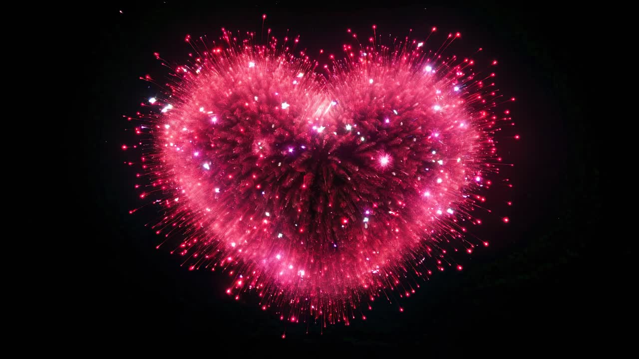 Aerial view of a heart-shaped fireworks display against a dark sky, capturing the vibrant pink