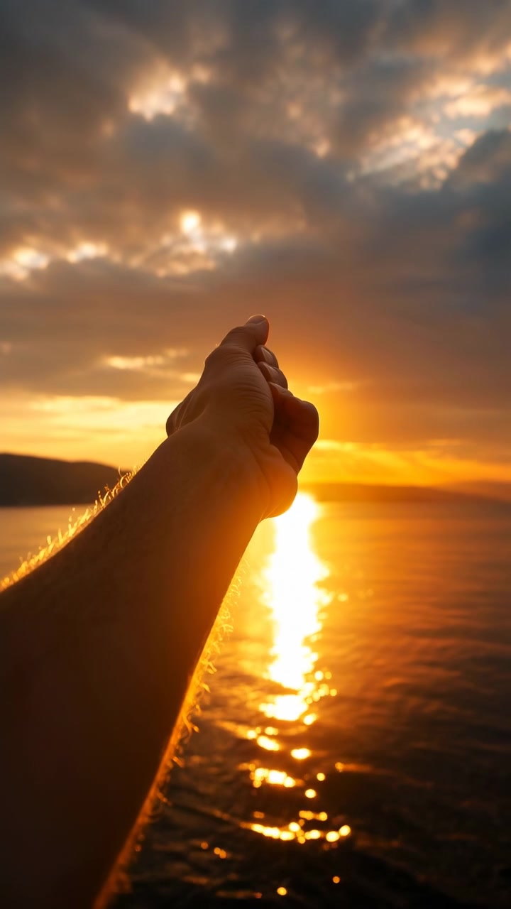 Una mano silueteada se extiende desde el primer plano hacia un brillante atardecer sobre aguas tranquilas, con nubes resplandecientes, reflejos cálidos y un horizonte tranquilo
