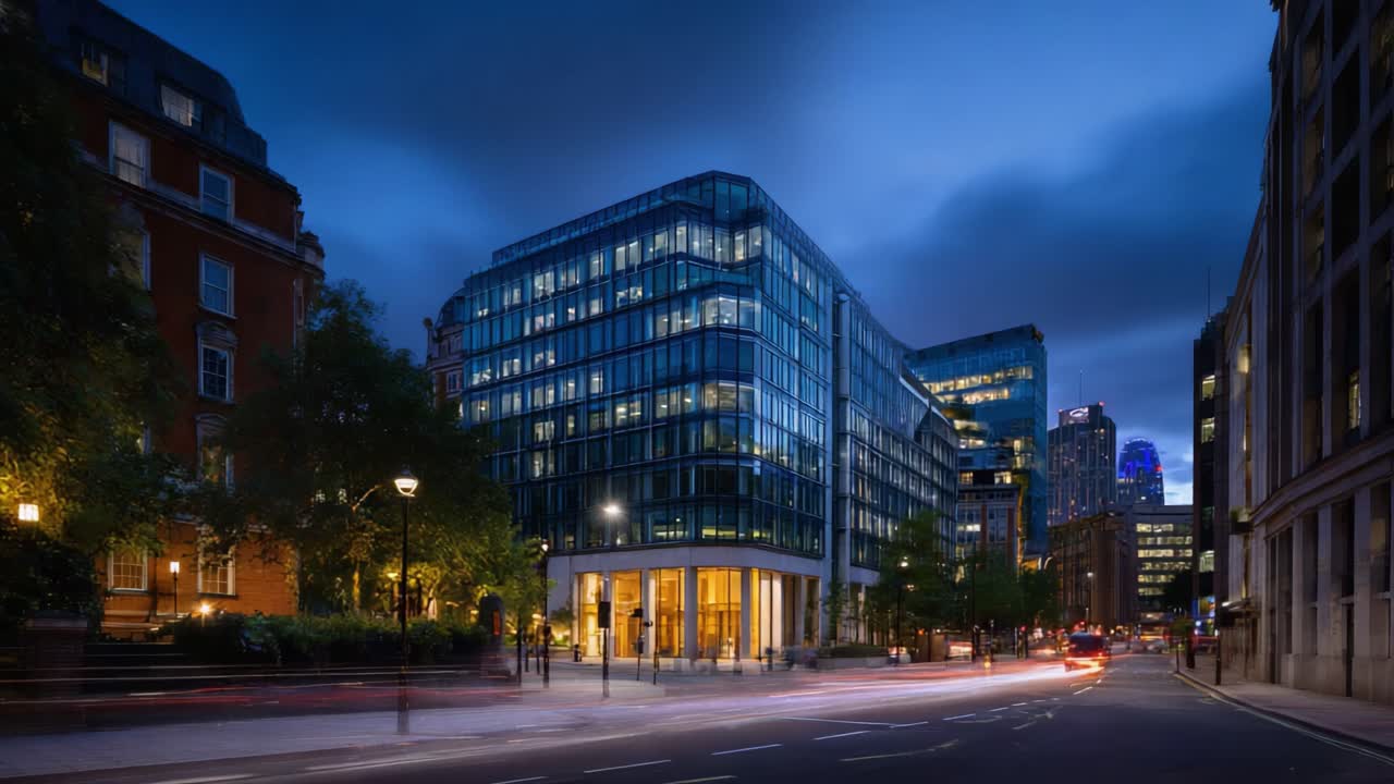 Obra-prima da arquitetura moderna iluminada à noite, exibindo fachadas de vidro elegantes, paisagem urbana e vida agitada em uma metrópole movimentada sob um céu escuro