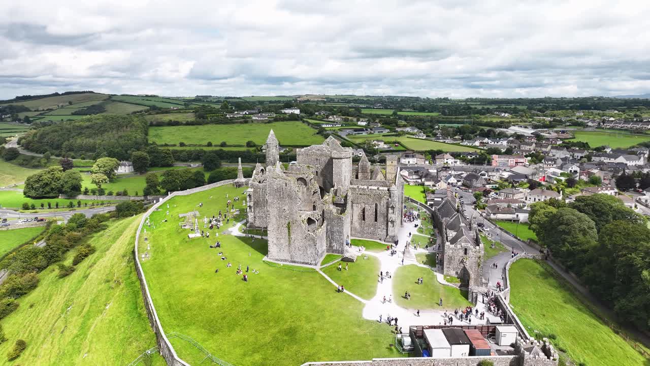 Beautiful aerial of Rock of Cashel Castle in Ireland in sunny light. Ireland castle drone
