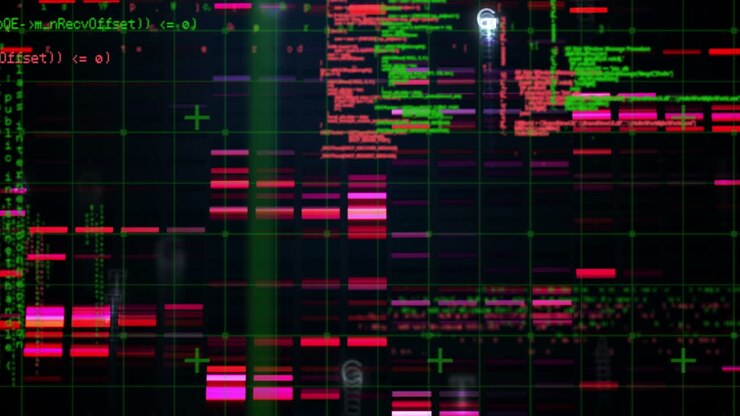 Animazione di elaborazione dati scientifici su sfondo scuro
