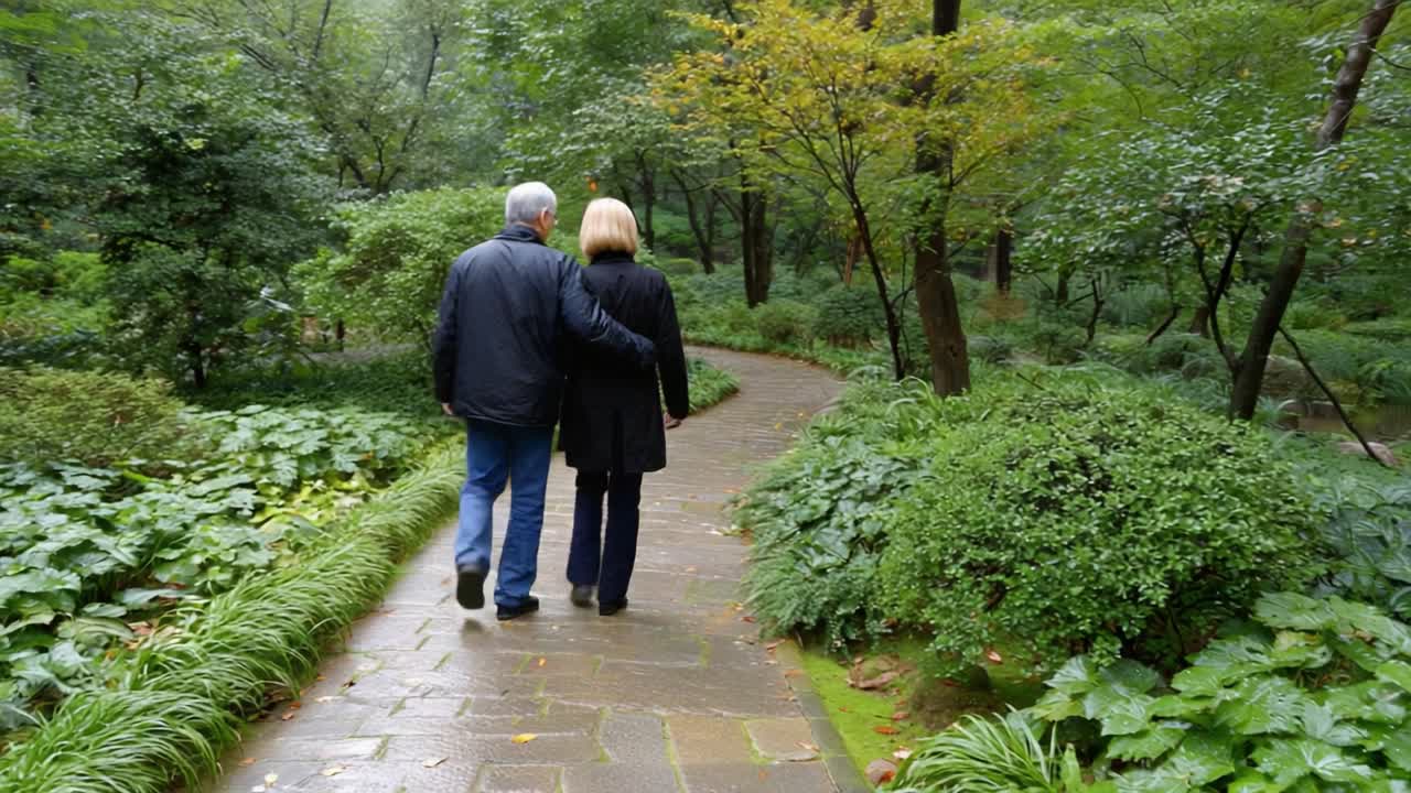 A Serene Stroll Through Nature: Capturing the Tranquility of a Couple Walking Together in a Lush Green Garden, Surrounded by Vibrant Foliage and Peaceful Pathways