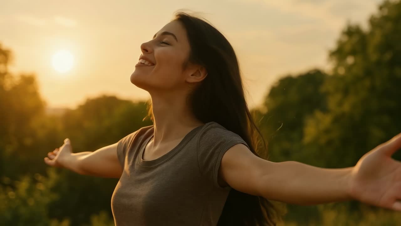 Una mujer alegre con los brazos extendidos se deleita con el atardecer, capturada desde un ángulo lateral.