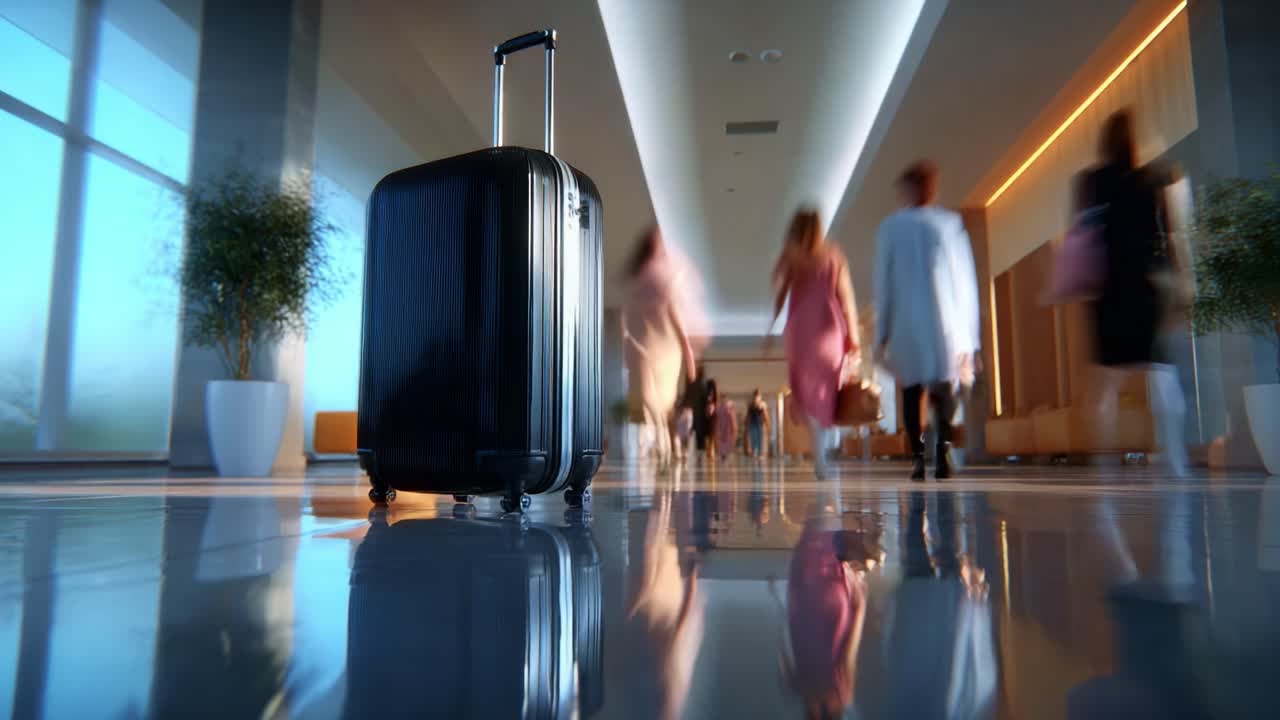 A Stylish Black Suitcase Stands Alone in a Modern, Elegant Hallway While Busy Travelers Pass By, Highlighting the Transition of Movement and Stillness in a Busy Travel Environment