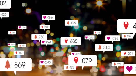 animación de iconos de redes sociales flotando contra la vista borrosa del tráfico nocturno de la ciudad