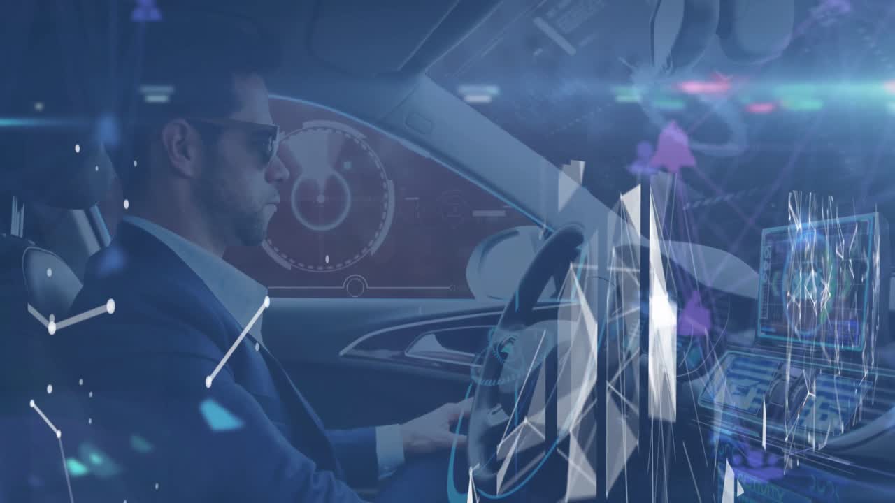 자동차를 운전하는 아프리카계 미국인 남성에 대한 연결 네트워크 및 데이터 처리 애니메이션