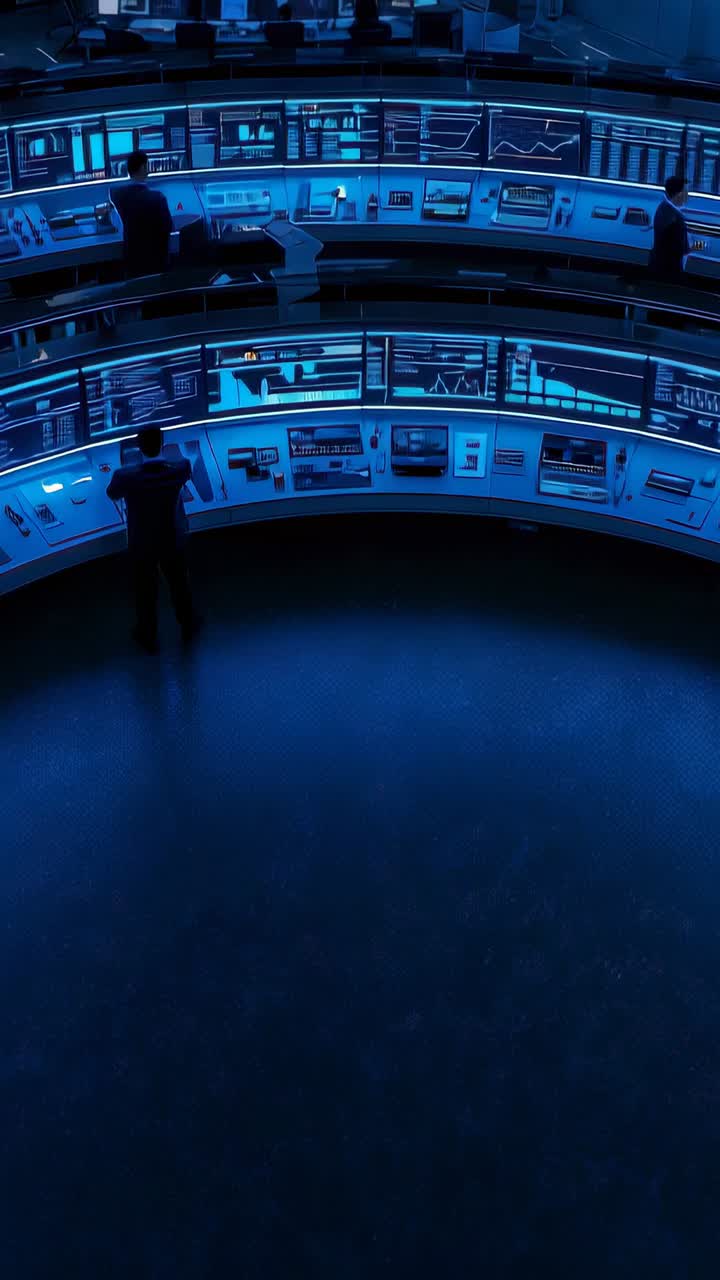 Vertical video: Updating monitors alerting operators tapping controls at curved console hub