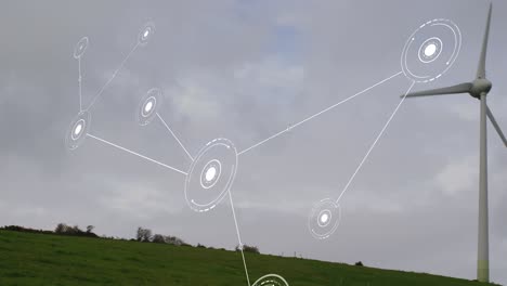 Animation-of-network-of-conncetions-with-icons-over-wind-turbine