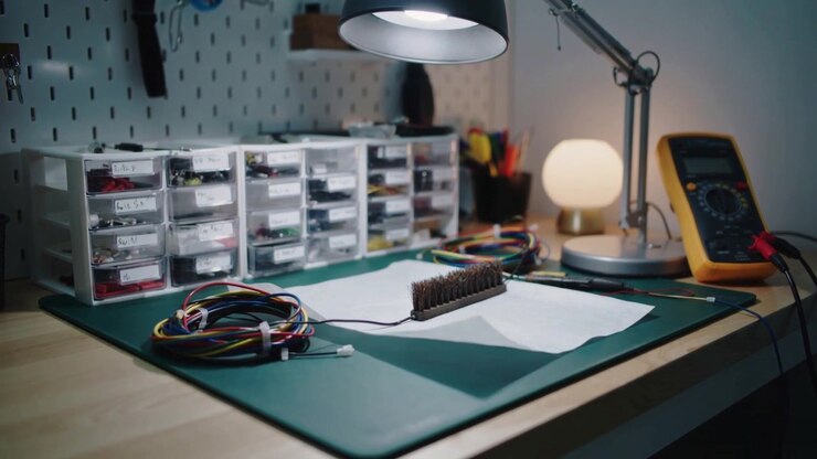 Panning camera driven by five-frame sequence, showcasing pin header and jumper wires on workbench