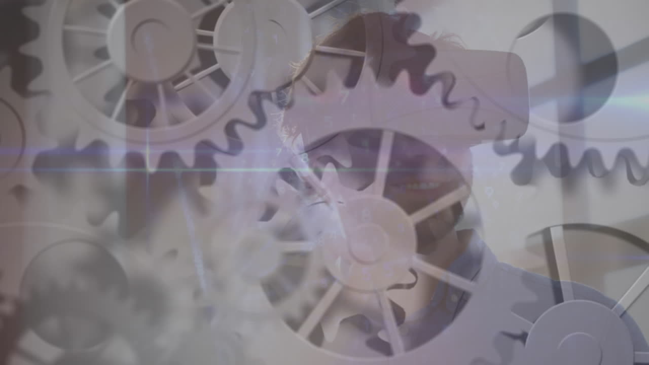 animación de engranajes que se mueven sobre el hombre que usa auriculares vr