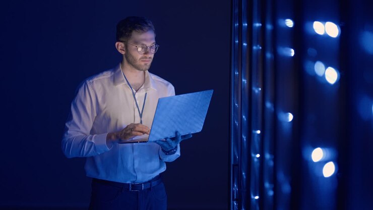 Specialisti IT di data center in coworking in una sala server sicura. Un amministratore uomo indica un armadio server con errore mentre esegue diagnostica su un computer portatile.
