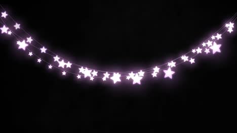 Animation-Von-Violetten,-Sternförmigen,-Leuchtenden-Lichterketten,-Die-Vor-Dem-Kopierraum-Auf-Schwarzem-Hintergrund-Hängen