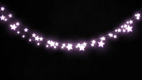 animation of purple star shaped glowing fairy lights hanging against copy space on black background