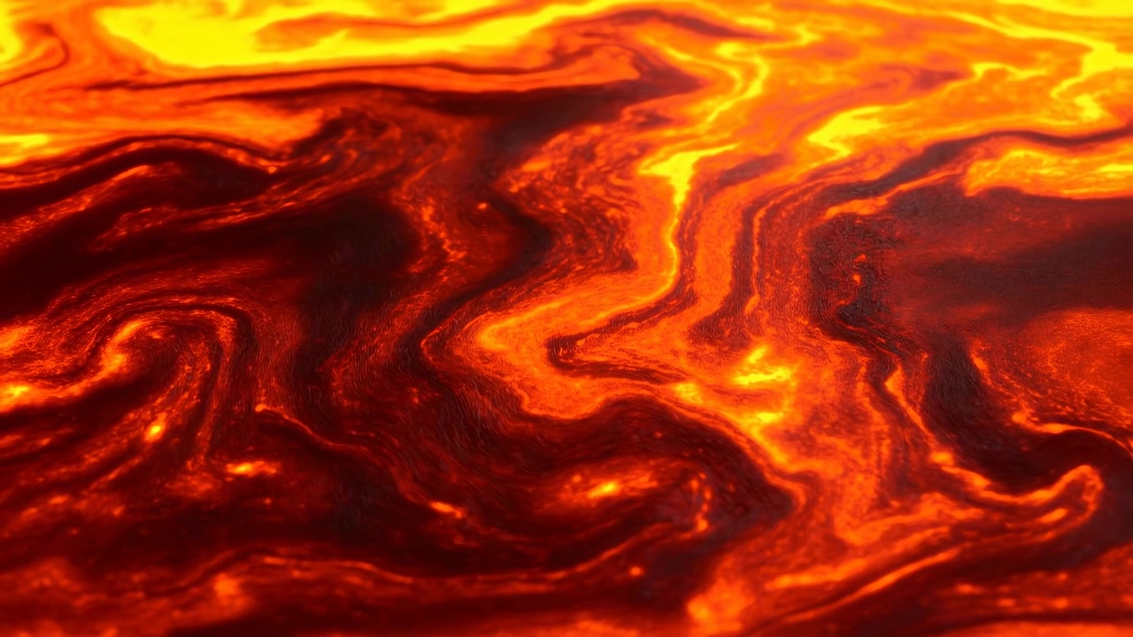 Primo piano di un vortice di lava fusa ardente che mostra texture liquide rosso-arancio incandescenti e bagliori di brace, calore intenso.