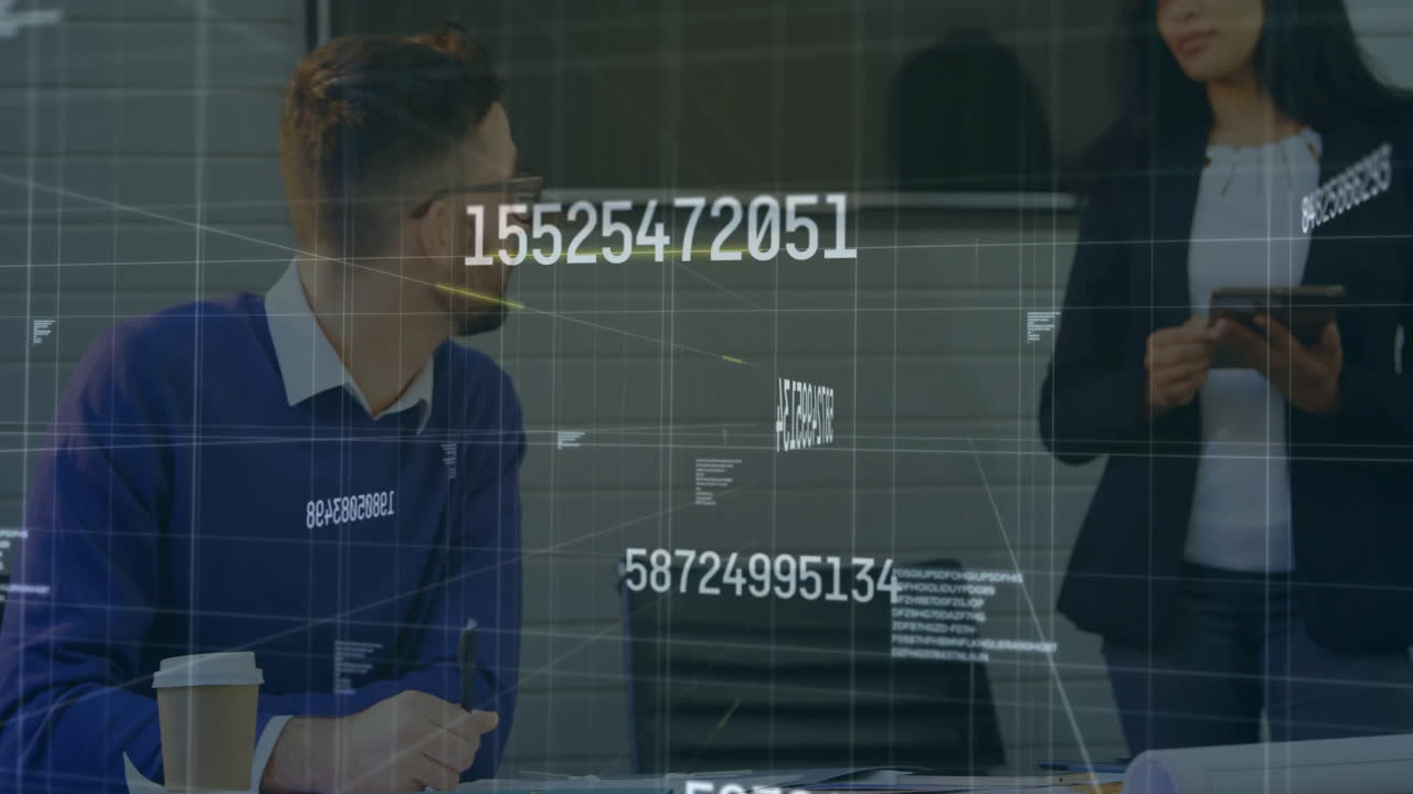 In office, business professionals discussing animation with digital data overlay