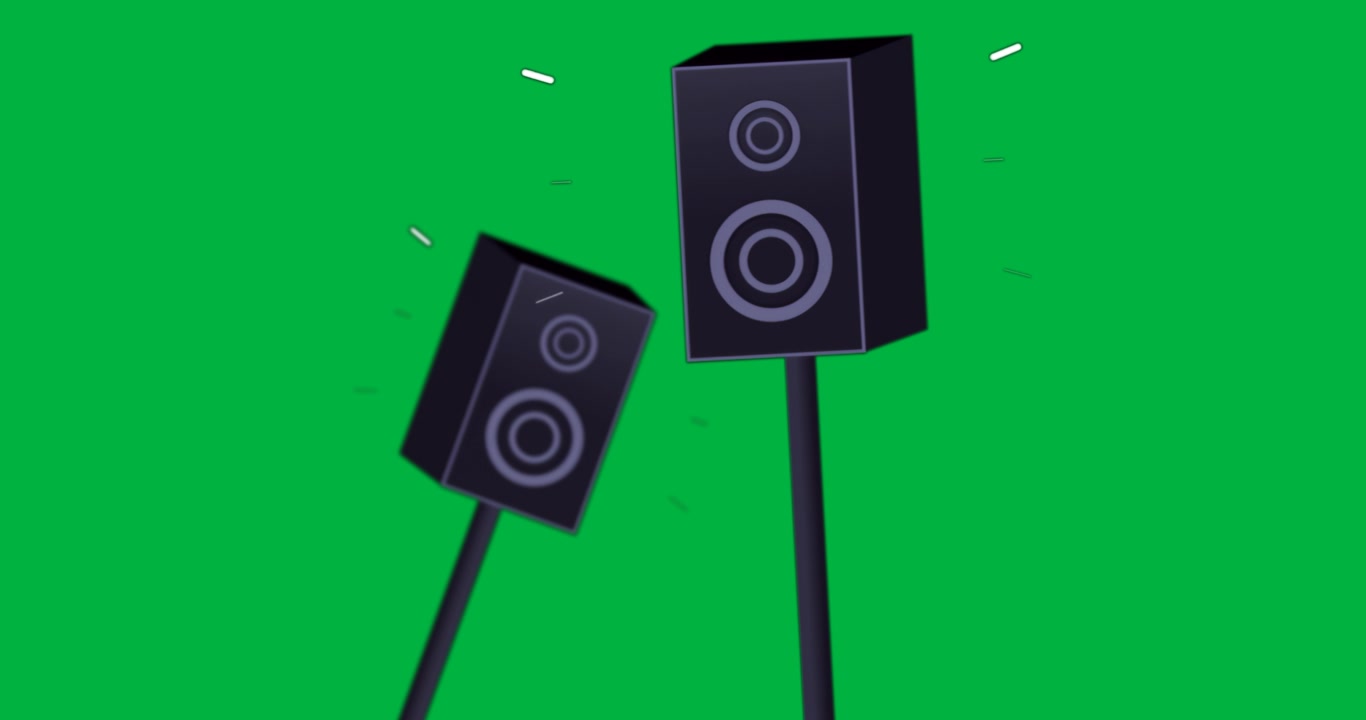 Audio speakers standing on poles with purple outlines, showing sound lines on transparent backdrop