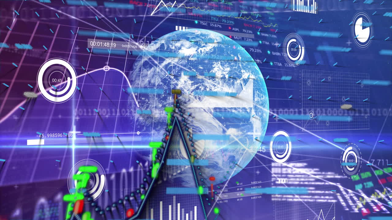 Animation of Earth surrounded by digital data and graphs, showing technology network