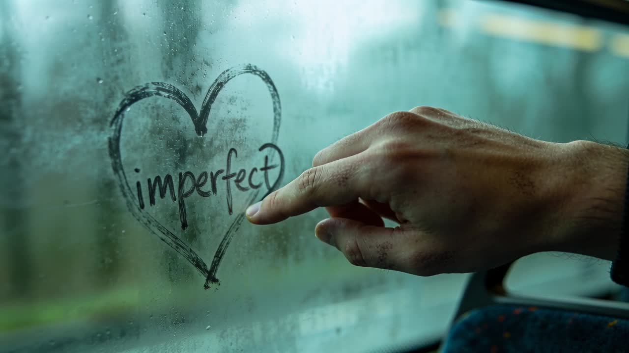 Una mano destra che entra nell'inquadratura traccia un cuore imperfetto su un finestrino appannato di un autobus, con la manica con risvolto.
