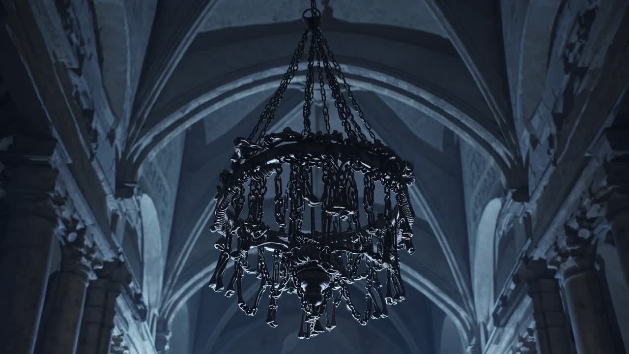 Dark chandelier suspended in an ancient architectural space, illuminated by soft light, creating an atmospheric scene that evokes mystery and historical elegance