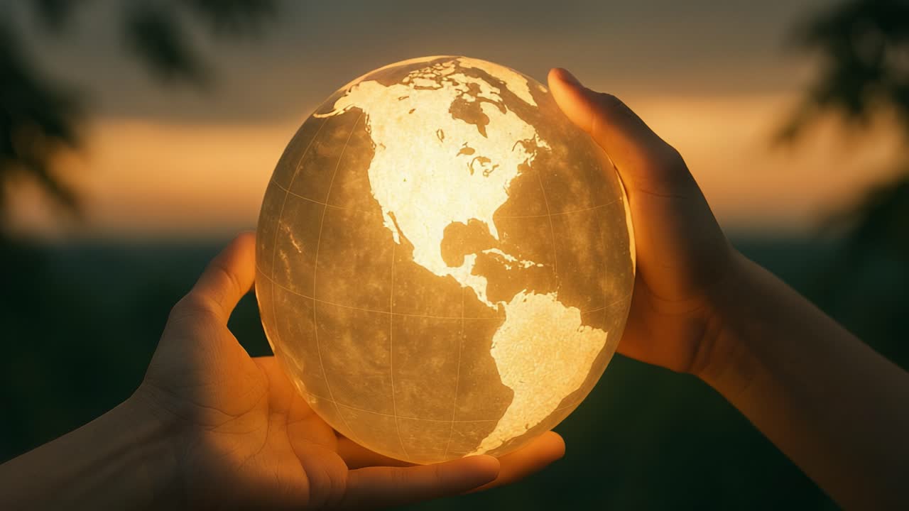 Two hands cradle a glowing globe in a picturesque sunset setting, symbolizing unity and global awareness. The warm light casts an inviting glow on the world map, highlighting continents and oceans. The nostalgic background creates a sense of peace and hope for global harmony. This moment captures th