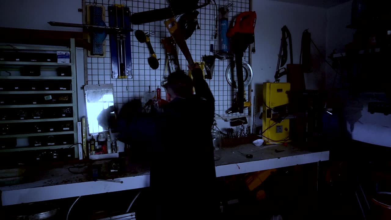 el hombre entra vacilante en el taller tenuemente iluminado, sus ojos luchan por adaptarse a la poca luz