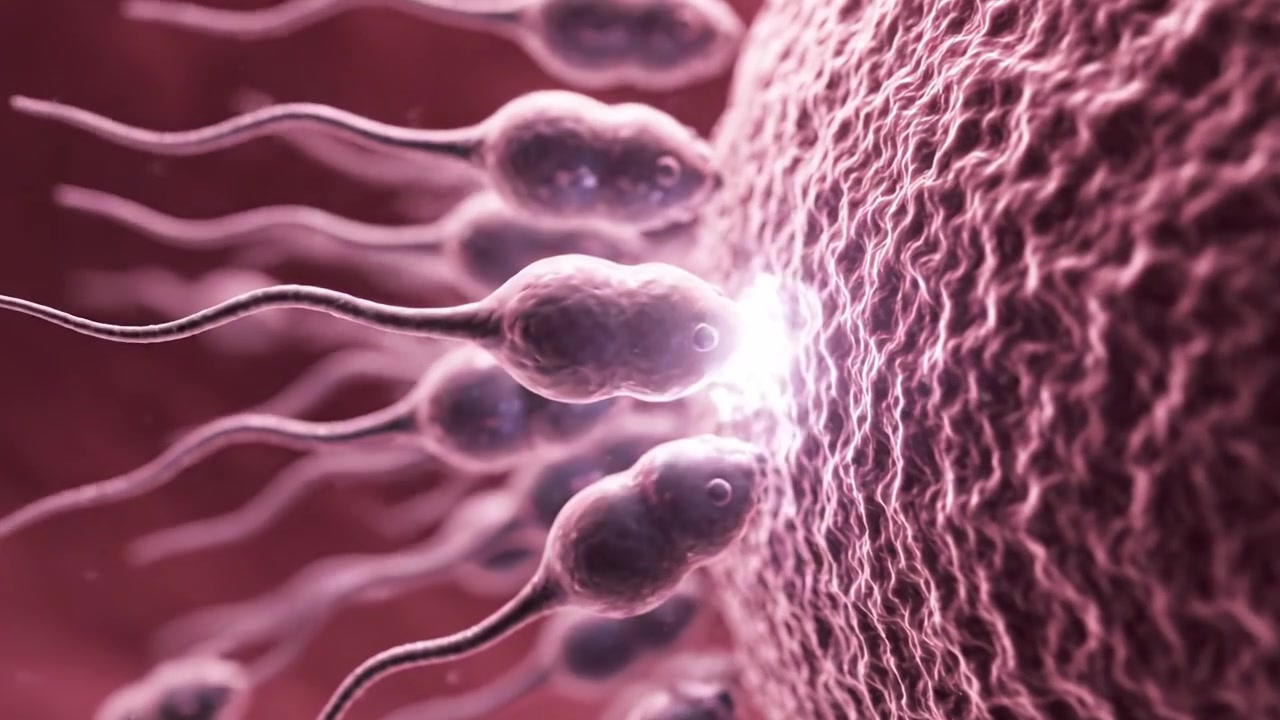 Una vista intrigante di spermatozoi che viaggiano verso un ovulo, illustrando l'affascinante danza della riproduzione a livello cellulare