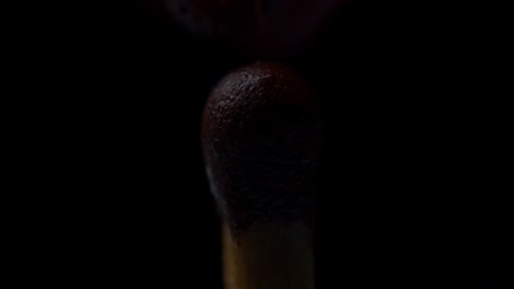 close up of one match head burning on black background. matches lighting in slow motion. fire ignition with matches. macro view.
