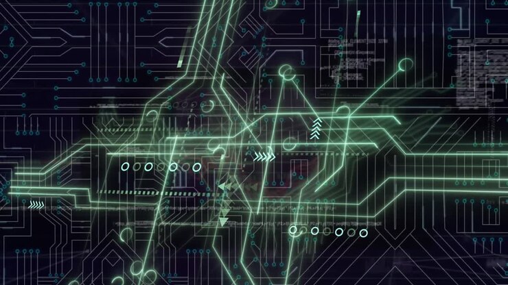 Animation of computer circuit board with data processing on black background