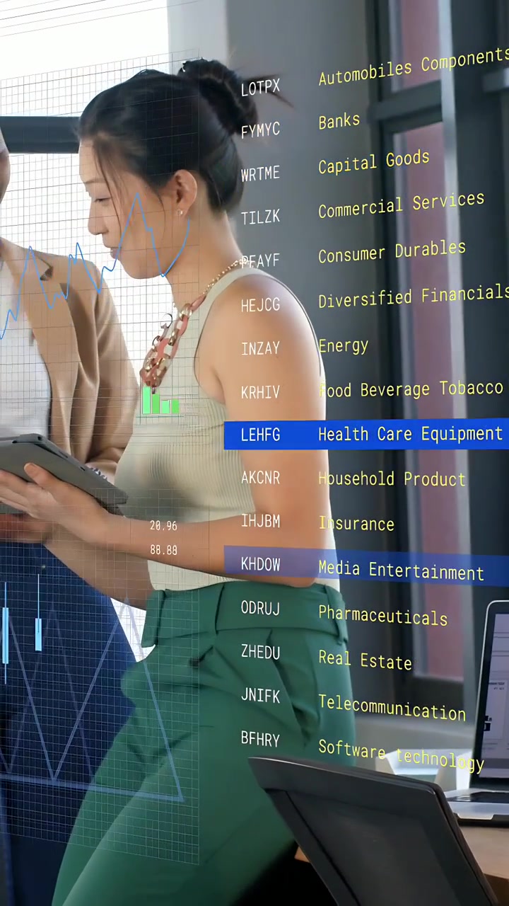 Vertical video: Woman tapping tablet finance overlay moving sectors as peer pointing checking data